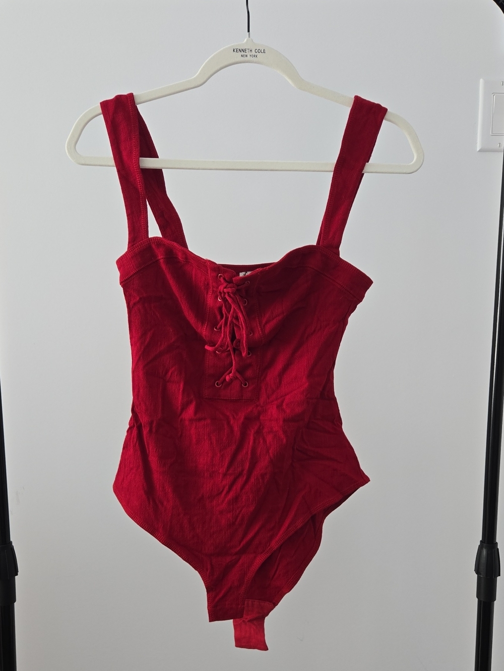 Free People Red Lace Up Bodysuit